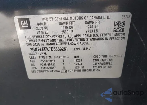 2013 Chevrolet Equinox 1Lt из США, поврежденный, VIN 2GNFLEEK7D6389281